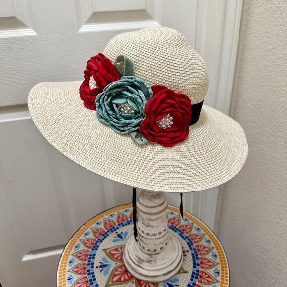 Elegant Women's Tweed Sun Hat With Satin Flowers And Pearls Special Event (NEW) - Picture 6 of 12